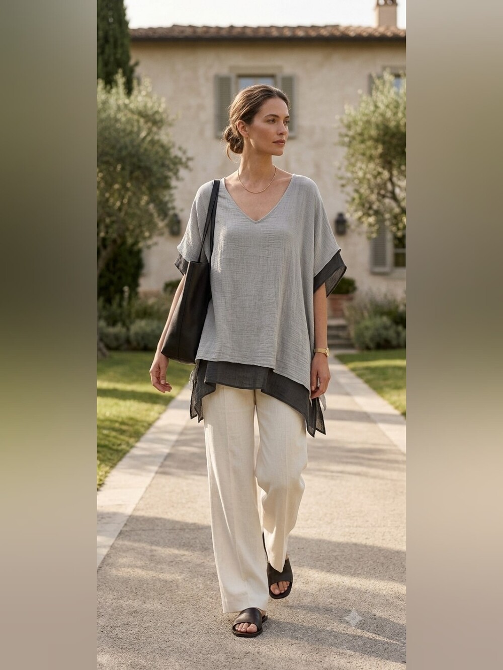 Coco + Carmen Light Gray V-Neck Tunic w/Dark Trim L/XL lagenlook quiet luxury